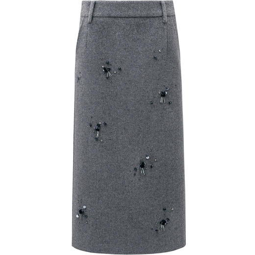 SELFWHO100%绵羊毛钉珠珠片半身裙女2026春季新款H型直筒开衩半裙 商品图4