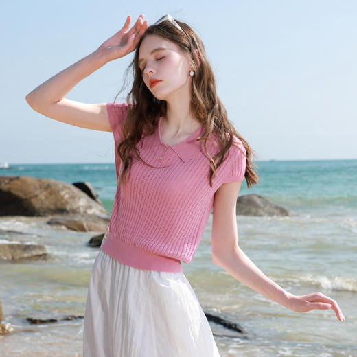 三彩2026春季新款镂空坑条针织衫套头polo衫短袖翻领上衣M 商品图3