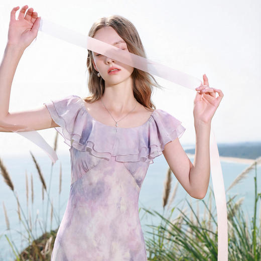 【樱花系列连衣裙】三彩2026夏季新款A字裙两穿一字肩雪纺长裙M 商品图1