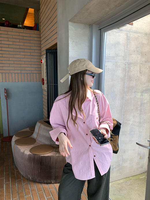 新款多季节冰岛欧尼玫瑰粉廓形棉衬衫 商品图0