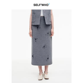 SELFWHO100%绵羊毛钉珠珠片半身裙女2026春季新款H型直筒开衩半裙
