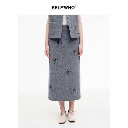 SELFWHO100%绵羊毛钉珠珠片半身裙女2026春季新款H型直筒开衩半裙 商品图0