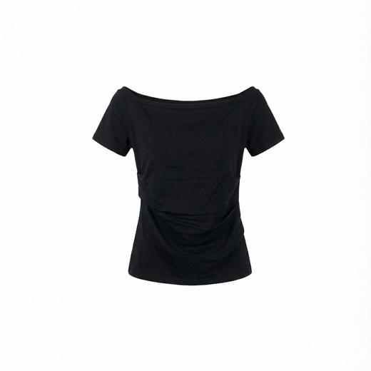 谜底针织衫短袖2026春季新品一字领腰部褶量百搭上衣女261MZ0344 商品图4