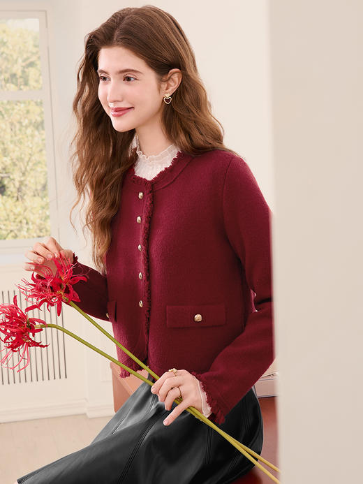 【百图lulu定制】【香风针织开衫】小香风针织外套流苏毛边单排扣纯针织开衫女 商品图3