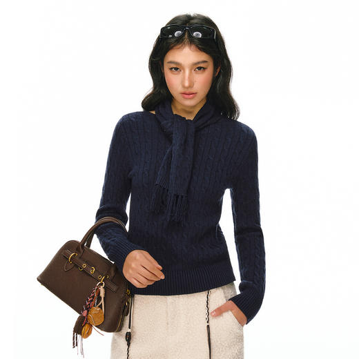 Ariseism 美式复古设计感 藏青色带围巾绞花针织衫女春季新款上衣 商品图0