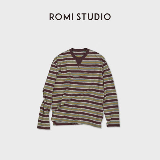 ROMI STUDIO“美式复古”棉质舒适条纹撞色V领长袖T恤 RWDSSD1751 商品图1
