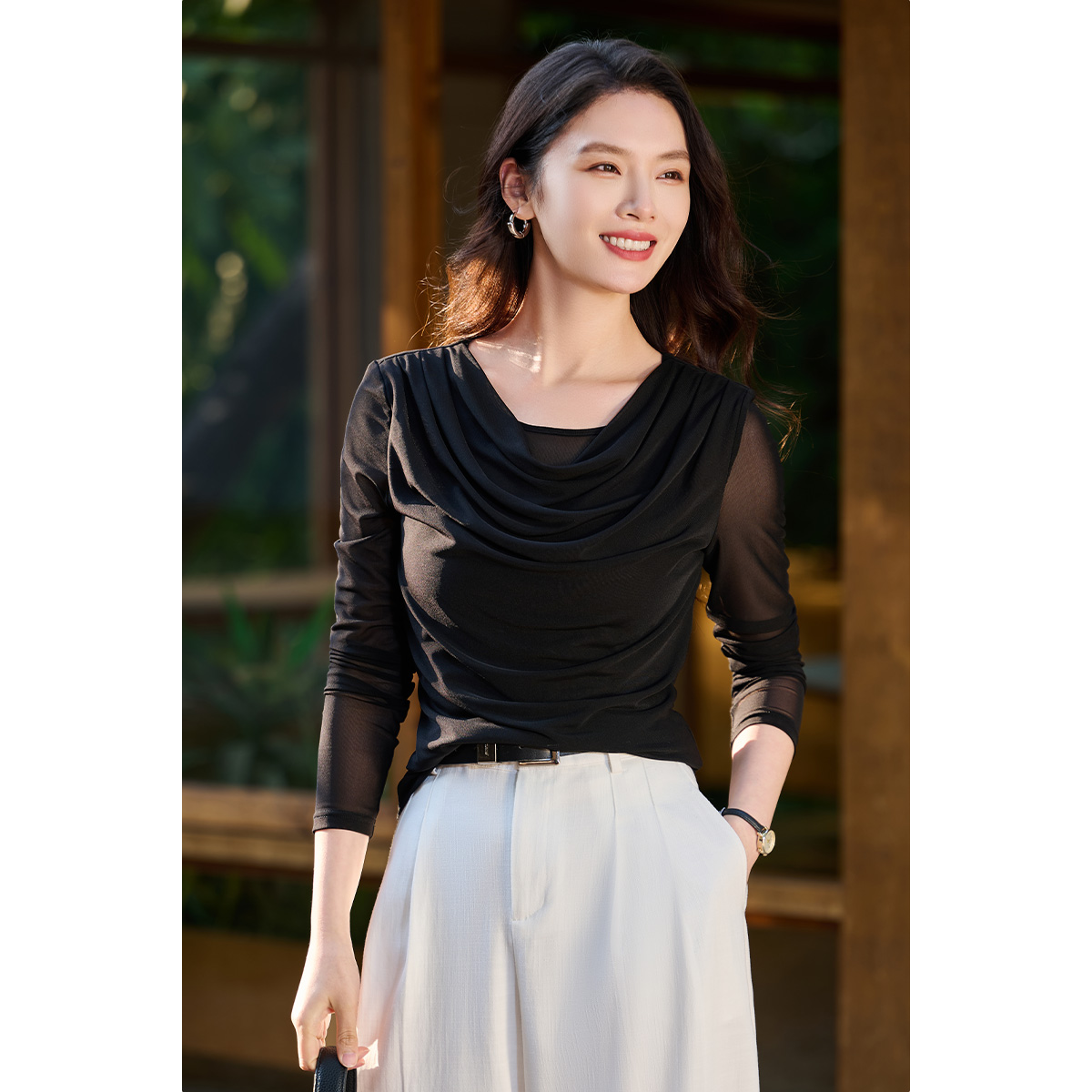 【预售7天】优雅絮语网纱T恤 设计感荡领 米思阳2026春季新款修身显瘦上衣女微透小性感T恤3991