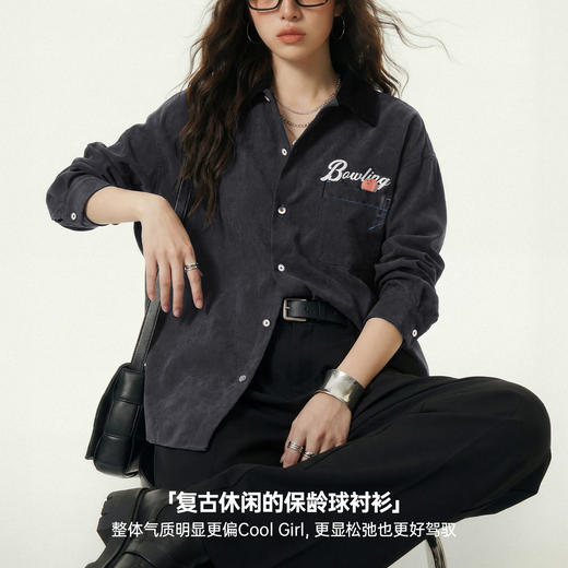 马登黑色复古桃皮绒古巴领衬衫印花外套长袖上衬衣内搭叠穿女士春 商品图1