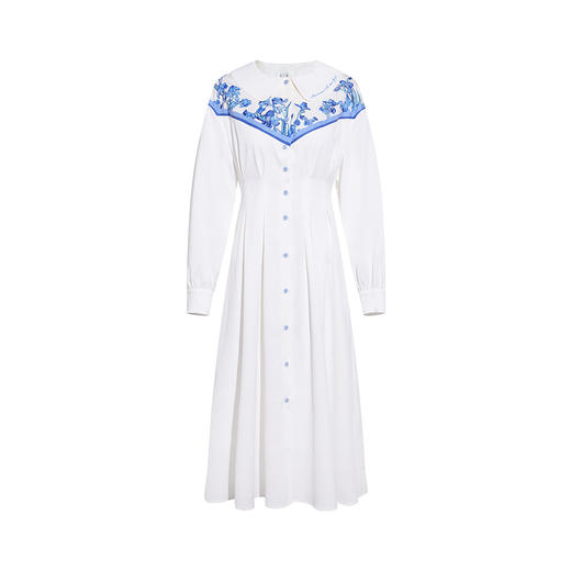 两三事梵高文艺月下鸢尾2026春季新款复古刺绣翻领印花a字连衣裙 商品图4