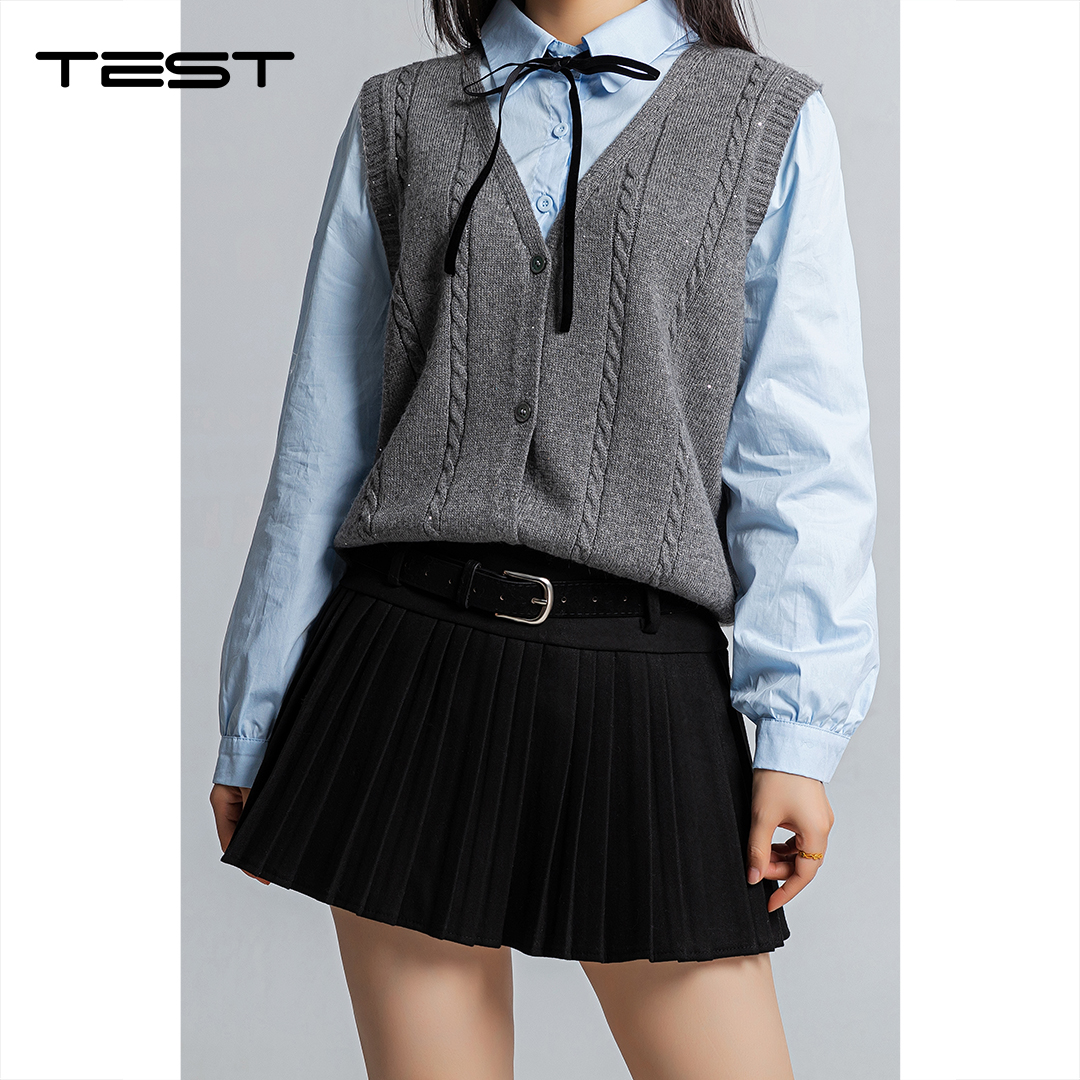 春上新高腰显瘦显腿长毛呢百褶短裙3261020