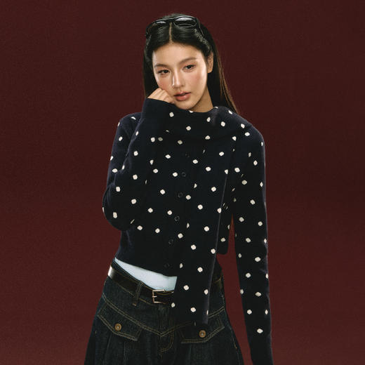Ariseism 美式复古圆点针织开衫毛衣女春季新款修身上衣 商品图0