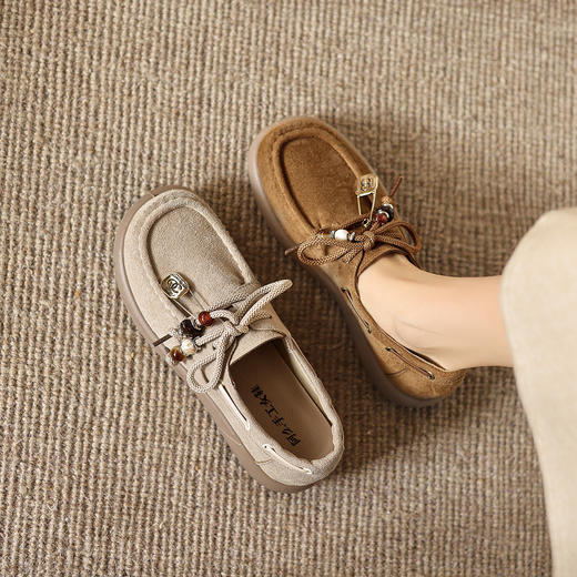 阿么手工女鞋复古串珠深口单鞋透气软底舒适厚底休闲勃肯鞋女3CM 商品图4