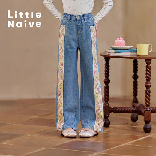 【云优选】Little Naive儿童民族风牛仔裤春季新款花边休闲裤女童廓形裤子 商品图1