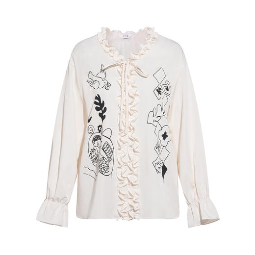 两三事 拥抱信号 2026春季新款文艺风木耳边绑带印花长袖衬衫女 商品图4