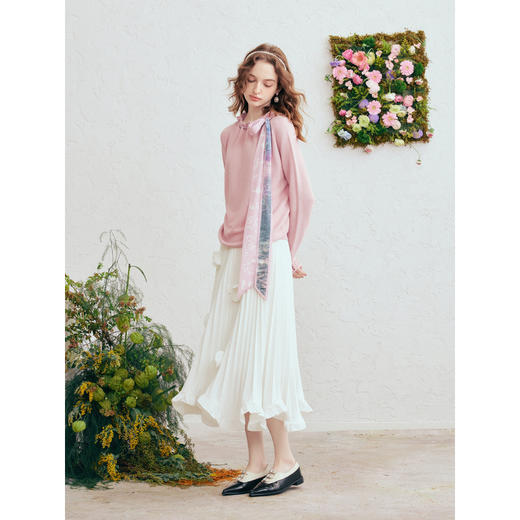 两三事梵高文艺闲织春光2026春季新款抽绳褶皱领印花飘带针织衫女 商品图3