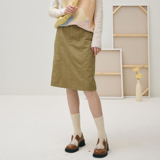 谜底半裙女2025秋新品百搭舒适挺括双色微皱包臀裙短裙253MB1035 商品图0