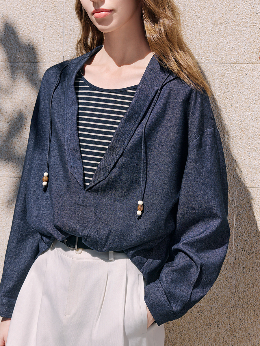 【百图lulu定制】【航海家衬衫】 独特  别致  弧形  收腰 假两件拼接长袖衬衫