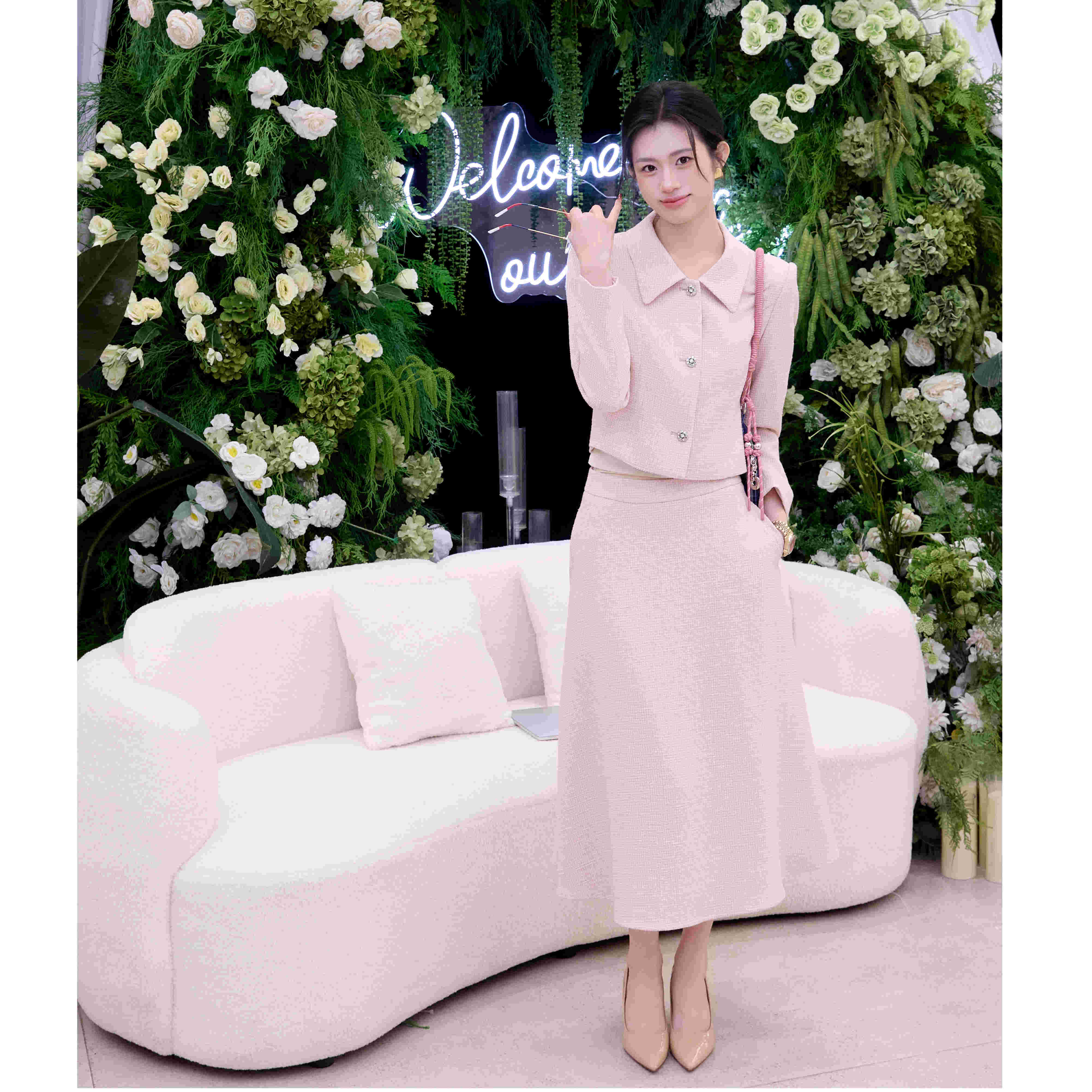 法小曼*子珍播音艺考粉色西装套裙女小香风气质主持人演讲正装伞裙套装