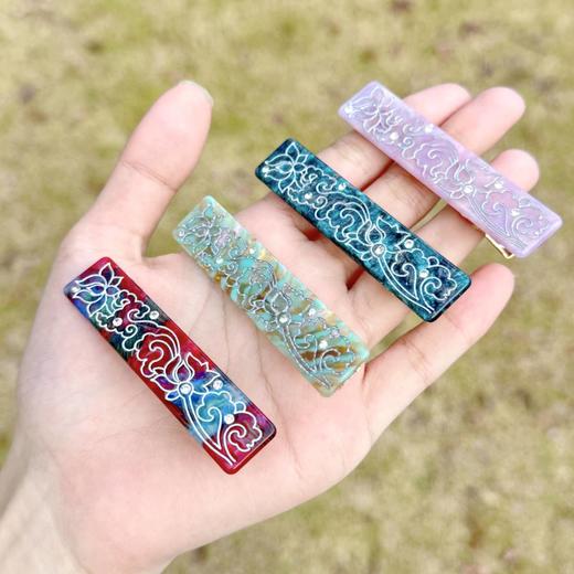 【云梦敦煌发夹】敦煌小众新中式荷花花纹水钻醋酸长方发夹一字夹复古国风发饰鸭嘴夹新款 商品图5