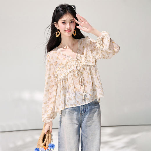 西遇法式碎花衬衫女2026春季新款V领蝴蝶结系带灯笼袖设计感衬衣SS060149 商品图0