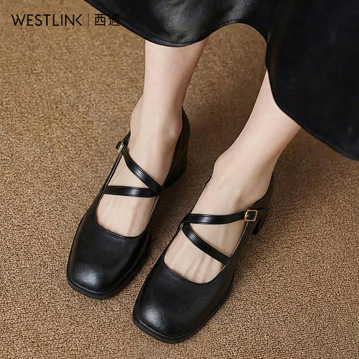 西遇浅口粗跟玛丽珍女鞋2026新款春季交叉细带皮鞋法式舒适单鞋子V0166266 商品图2