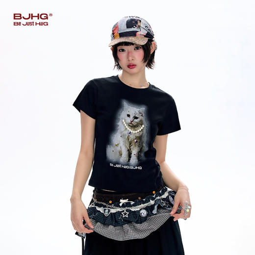BJHG不计后果 圆领短袖T恤女款夏季珍珠小猫印花美式潮流修身上衣 商品图1