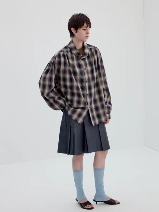 Simple Project/Y2633/青果领紫米格纹抽皱衬衫 商品图0