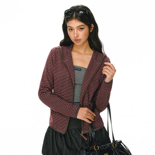 Ariseism 美式复古设计感条纹连帽开衫卫衣外套女春季新款上衣 商品图1