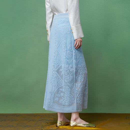 【林栖设计小店】绮花澄意|浅兰色提花优雅2026春新款毛织半身裙1961217 商品图3