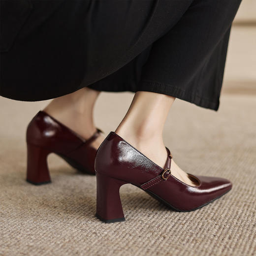 阿么手工女鞋百搭气质单鞋真皮一字带方头高跟鞋2026新款洋气7CM 商品图1