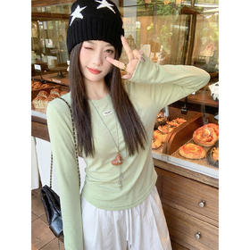 <曾小咸推荐>韩系绿色圆领简约长袖t恤女