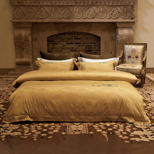 苏绣系列床单四件套-金澜映岳 100支双股双纱色织提花工艺 商品图0