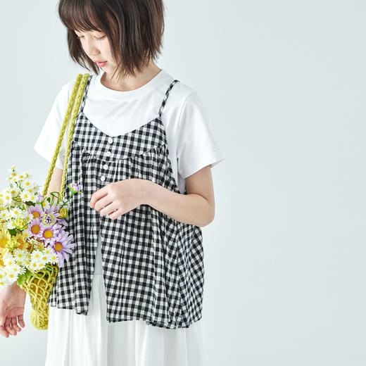 棵初26年夏新款亲子中大女童黑白格纹吊带短袖T恤连衣裙两件套装 商品图3