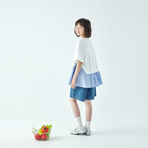 棵初26年夏季新款中大女童不规则拼接休闲短袖纯棉条纹假两件T恤 商品图2