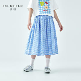 棵初26年夏季新款亲子中大女童蓝白格纹半裙宽松亲肤百搭伞面裙子