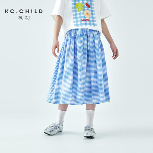 棵初26年夏季新款亲子中大女童蓝白格纹半裙宽松亲肤百搭伞面裙子 商品图0