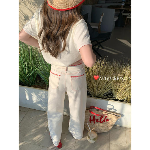 <曾小咸推荐>韩系撞色高腰直筒阔腿牛仔裤 商品图2