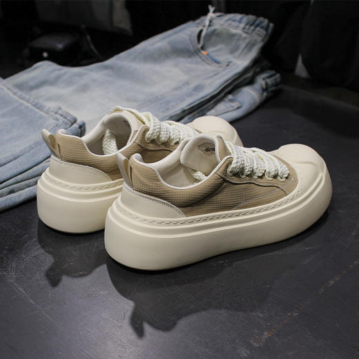 DRONKOO 2026 系带刘海鞋头后帮拼皮暗格纹布发泡厚底低帮板鞋 商品图4