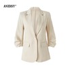 2026春装时尚翻领珍珠扣抽褶七分袖收腰西装外套 商品缩略图4