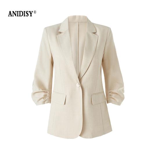 2026春装时尚翻领珍珠扣抽褶七分袖收腰西装外套 商品图4