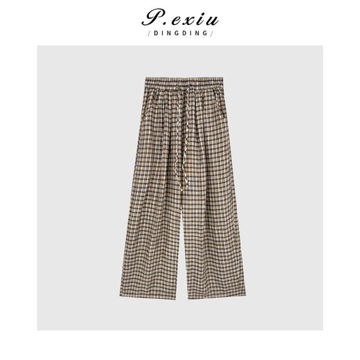 04-2潘依绣丁丁宠粉复古撞色抽绳格子直筒裤Q38766 商品图0
