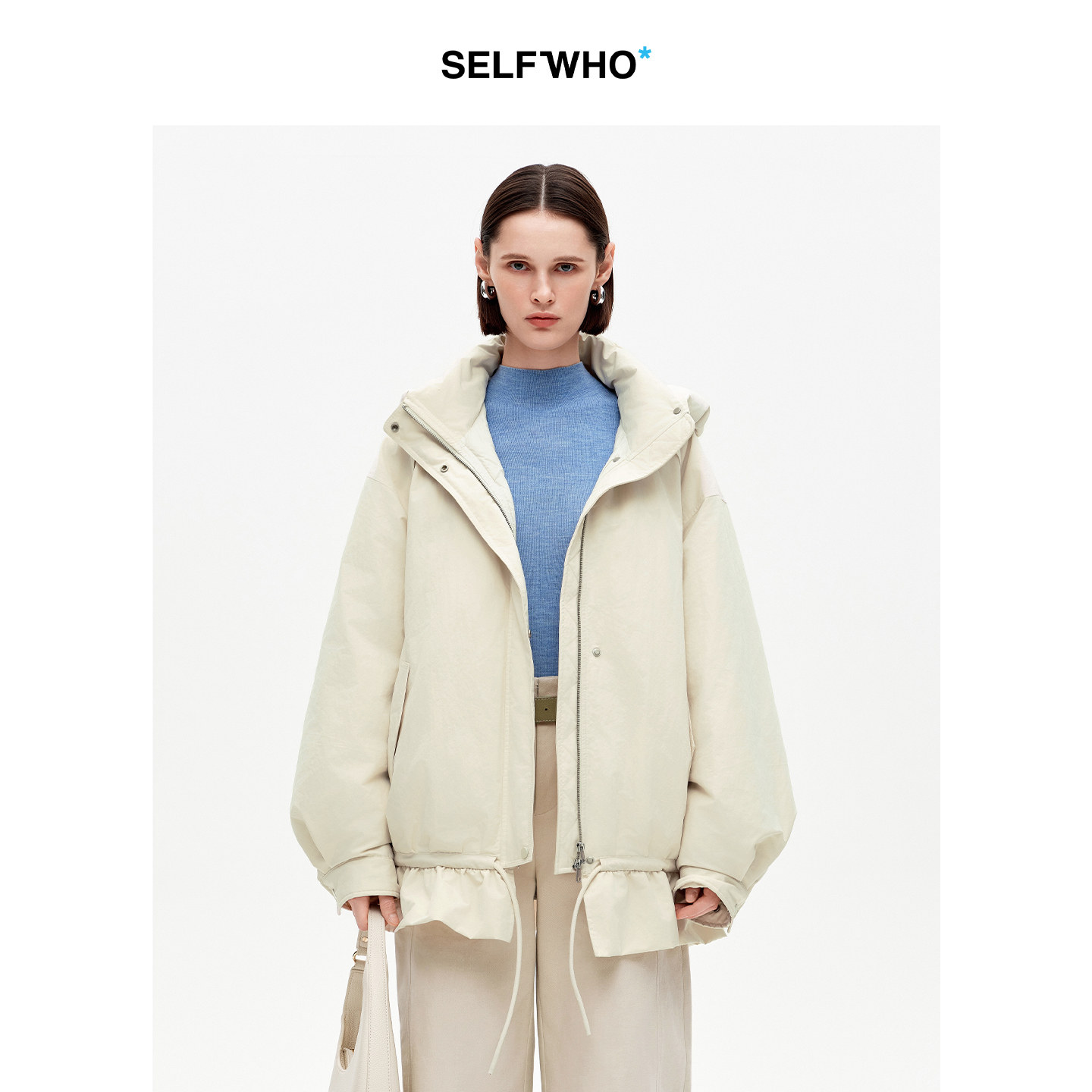 SELFWHO90白鸭连帽高领双头拉链羽绒服女2025冬新款防风保暖外套