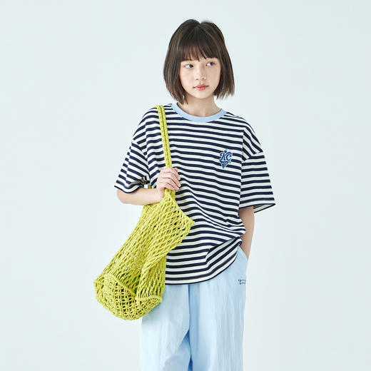 棵初26年夏季新款亲子中大女童经典百搭条纹短袖T恤纯棉宽松上衣 商品图3