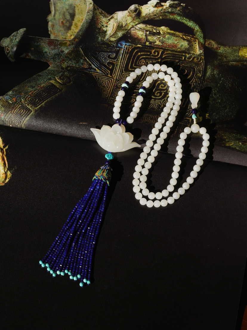 玉化莲花青金流苏项链