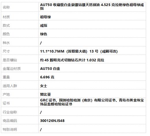 【天然正品】AU750收藏级白金豪镶钻镶天然微油4.525克拉艳绿色祖母绿戒指11.1*10.7MM（皆取最大值）13号（戒圈可改）300126NJS48 商品图9