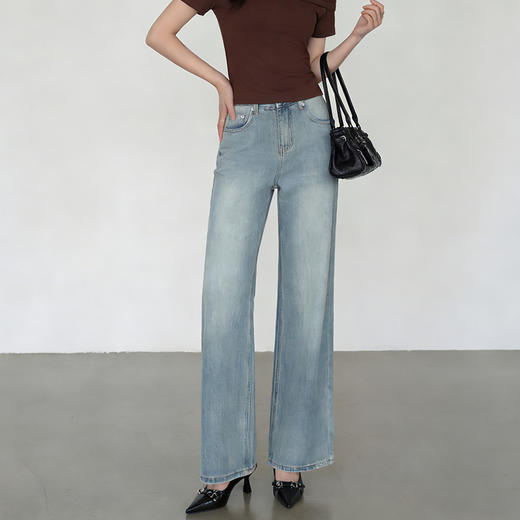 西遇美式复古做旧阔腿牛仔裤女2026年春季新款宽松高腰显瘦直筒裤E0060145 商品图2