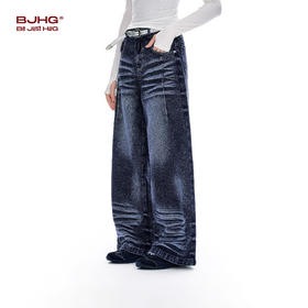 FTT FlyTheTruth 美式复古阔腿牛仔裤女春季通勤做旧猫须宽松长裤