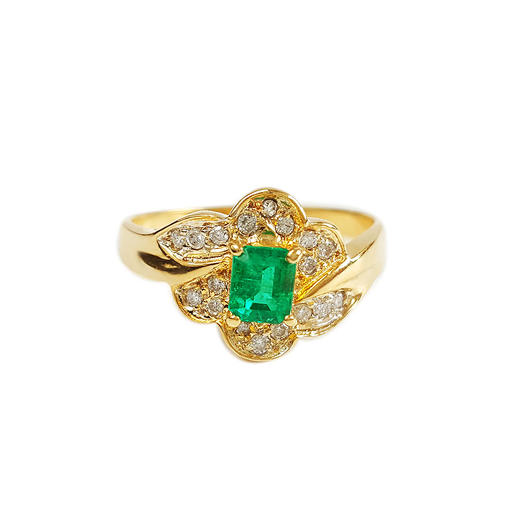 【天然正品】AU750黄金镶钻镶天然Vivid Green祖母绿（仁慈、友爱）戒指15号（戒圈可改）020226NJ15 商品图0