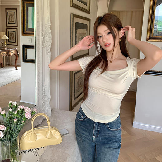 西遇荡领褶皱短袖T恤女2026春季新款纯欲修身显瘦百搭一字肩上衣SS060166 商品图0