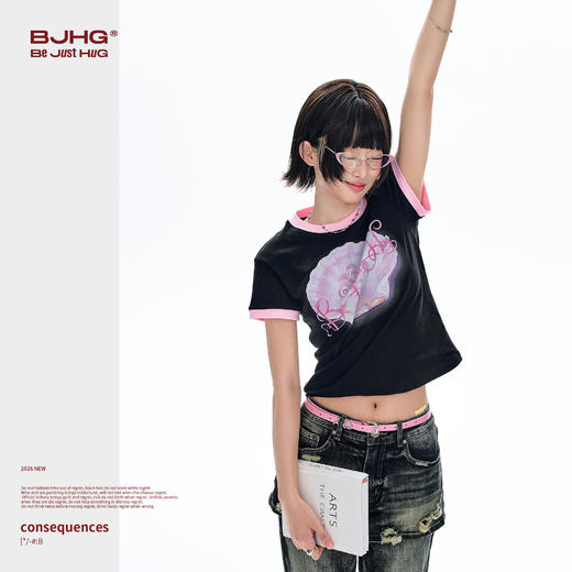 BJHG不计后果 正肩纯棉短袖T恤女款夏季2026新款合身舒适撞色半袖 商品图2